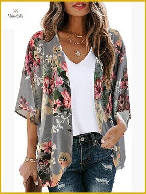 Floral Puff Sleeve Kimono Cardigan Cover Up Loose Fit Chiffon Blouse
